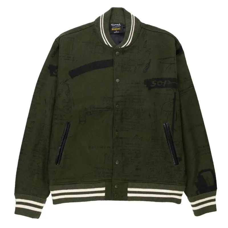 Green-Diamond-Supply-Co.-x-Jean-Michel-Basquait-Varsity-Wool-Jacket.webp Diamond Supply Co x Jean-Michel Basquait Varsity Wool Jacket - Image 1